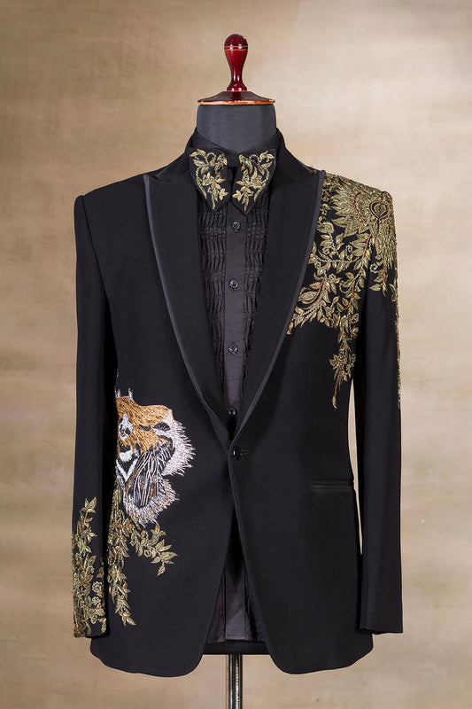 Customized Golden Embroidered Tiger & Flower Terry Rayon Tuxedo Bespoke Tux for Prom Dinner Party Wedding Suit for Groom Groomsmen Reception