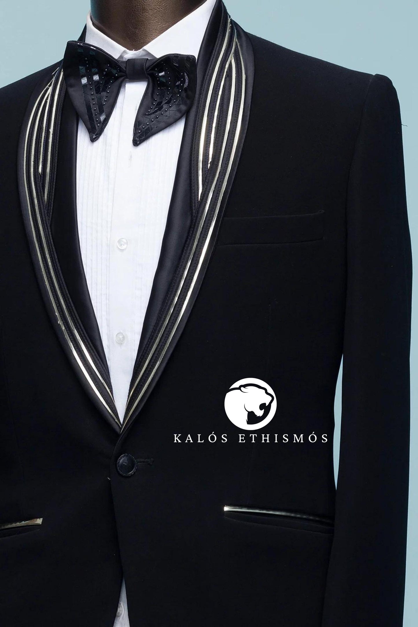 Men 2Pc Customized Black Metal Strip Embroidered Bomario Tuxedo Bespoke Tux for Prom Dinner Party Wedding Suit for Groom Groomsmen Reception