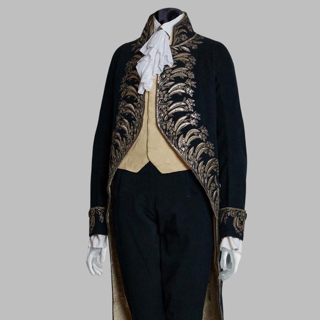 Black French  Historical from the 1700s, 18th Century, Carnival ,Halloween Costume -Intricate French Embroidery | Napoleon Bonaparte Style